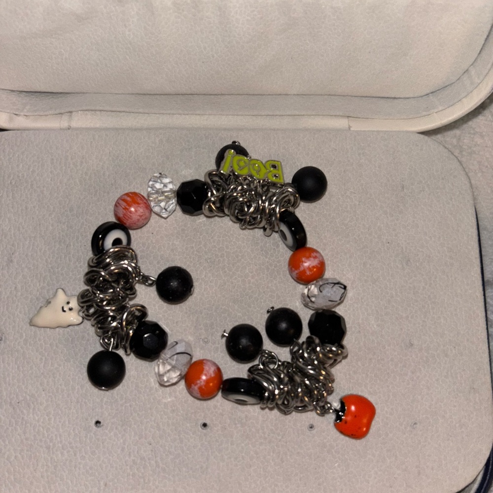 Stretchy Halloween Charm Bracelet with Black and Orange Beads